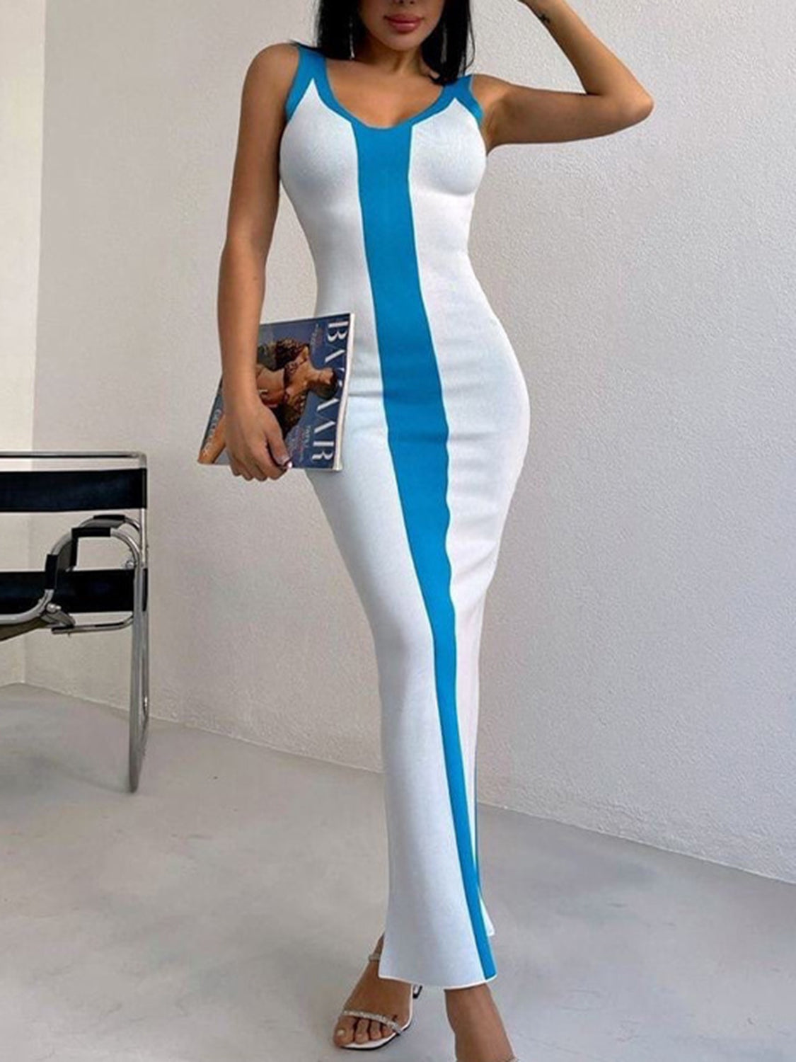 BELLA BLA Contrast Wide Strap Slit Midi Dress featuring a sleek design and stylish slit, perfect for trendy occasions.
