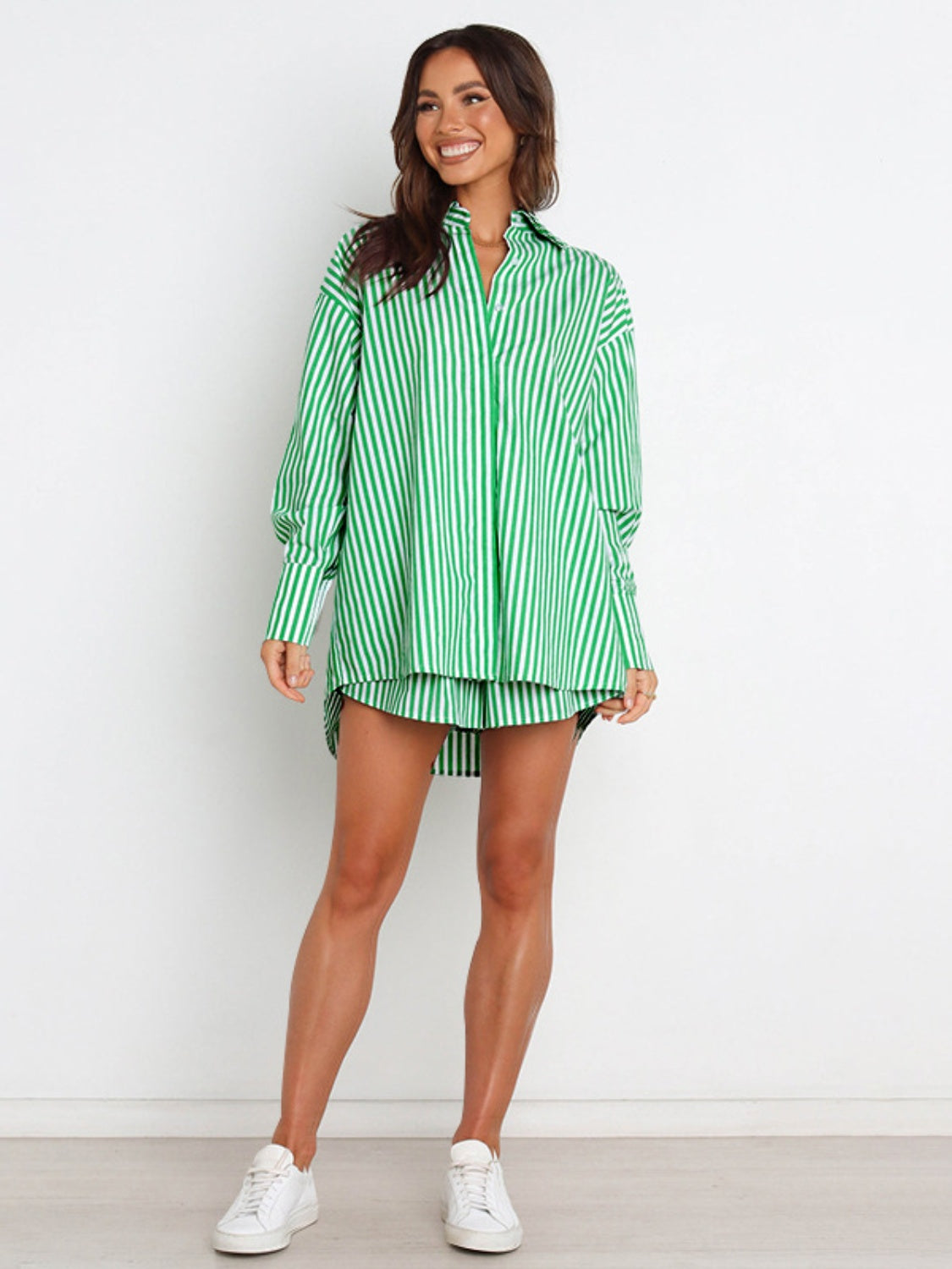 BELLA striped dropped shoulder shirt and matching shorts set, casual summer outfit, featuring vertical stripes and relaxed fit.