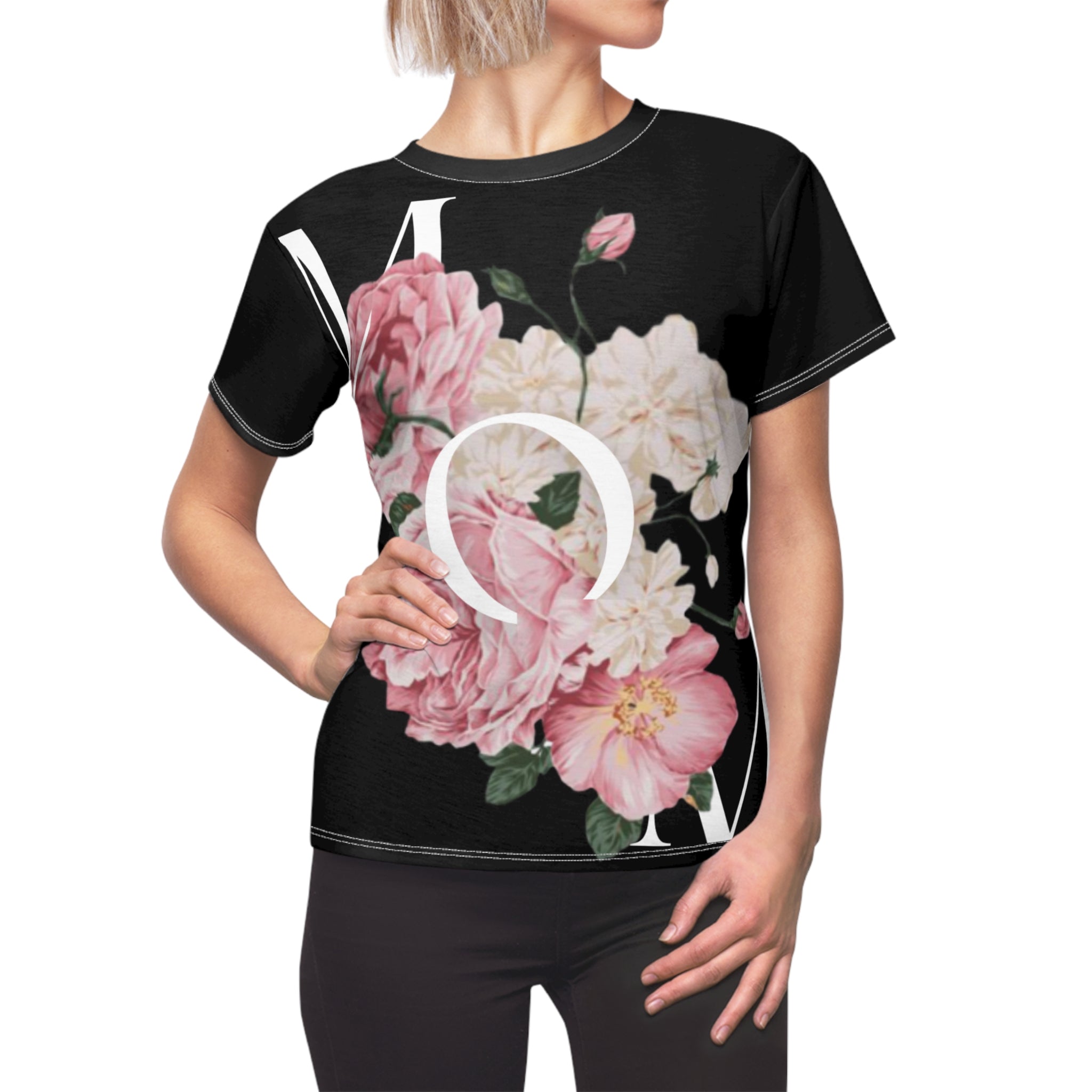 BELLA MOM flowers T-shirt with colorful floral print on a white cotton fabric, casual and stylish women's graphic tee.