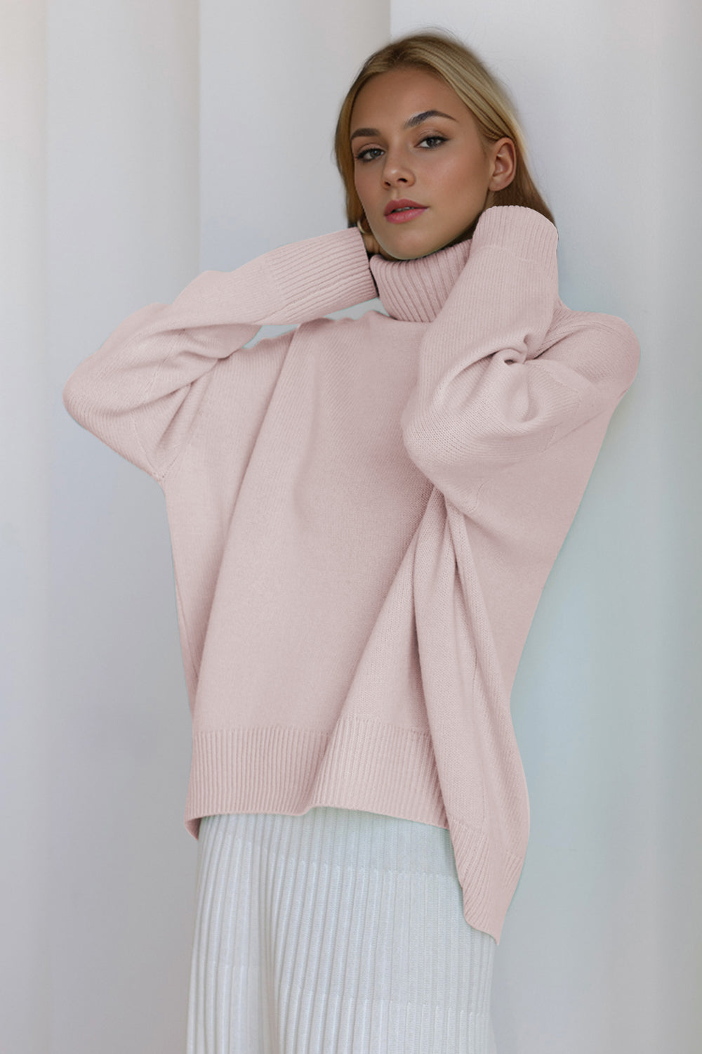 BELLA BLA trendsi turtleneck dropped shoulder long sleeve sweater, cozy knit in neutral color, stylish and comfortable for casual wear.