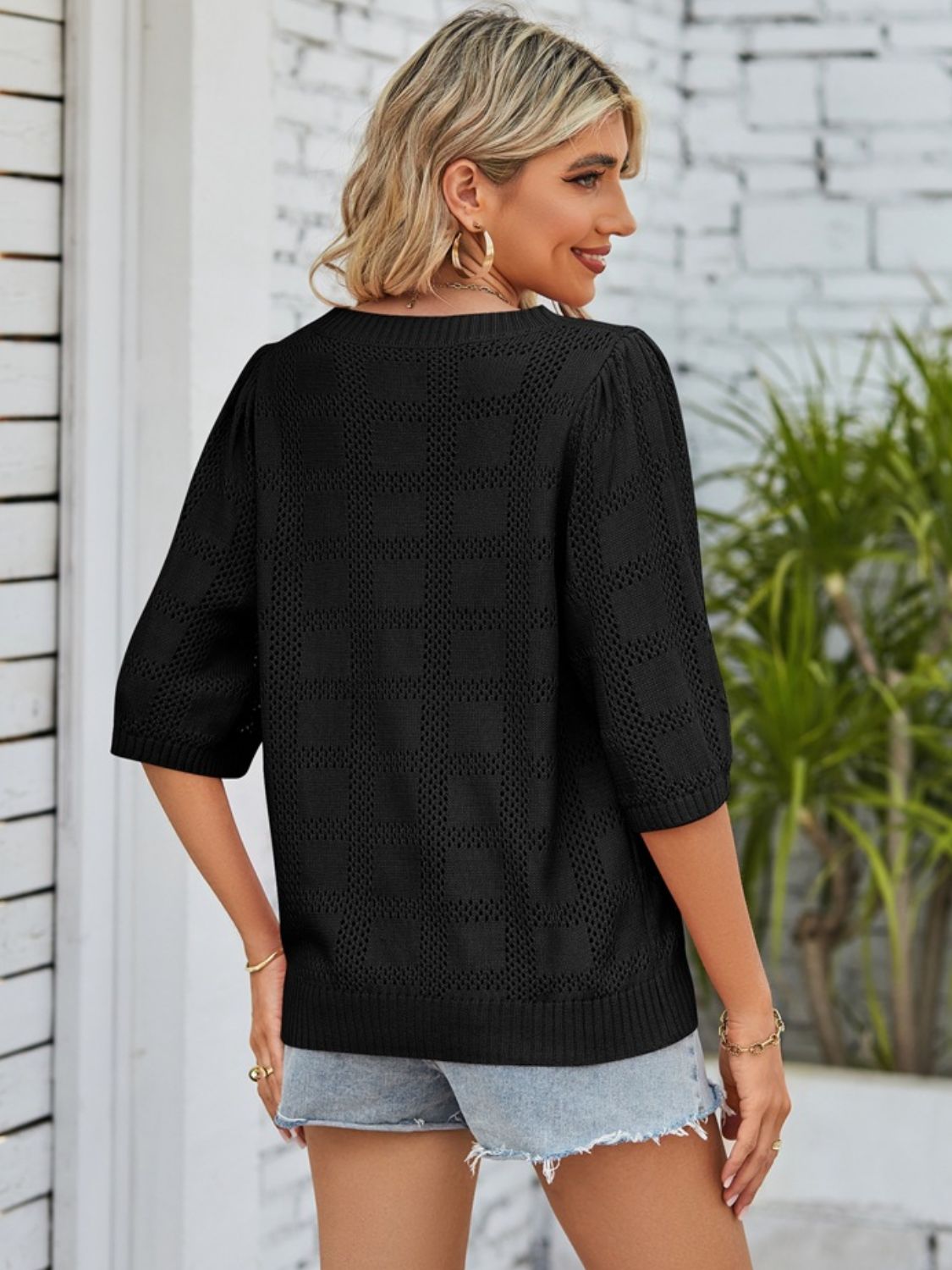 BELLA trendsi openwork round neck knit top showing a lightweight, breathable design with intricate knit patterns.
