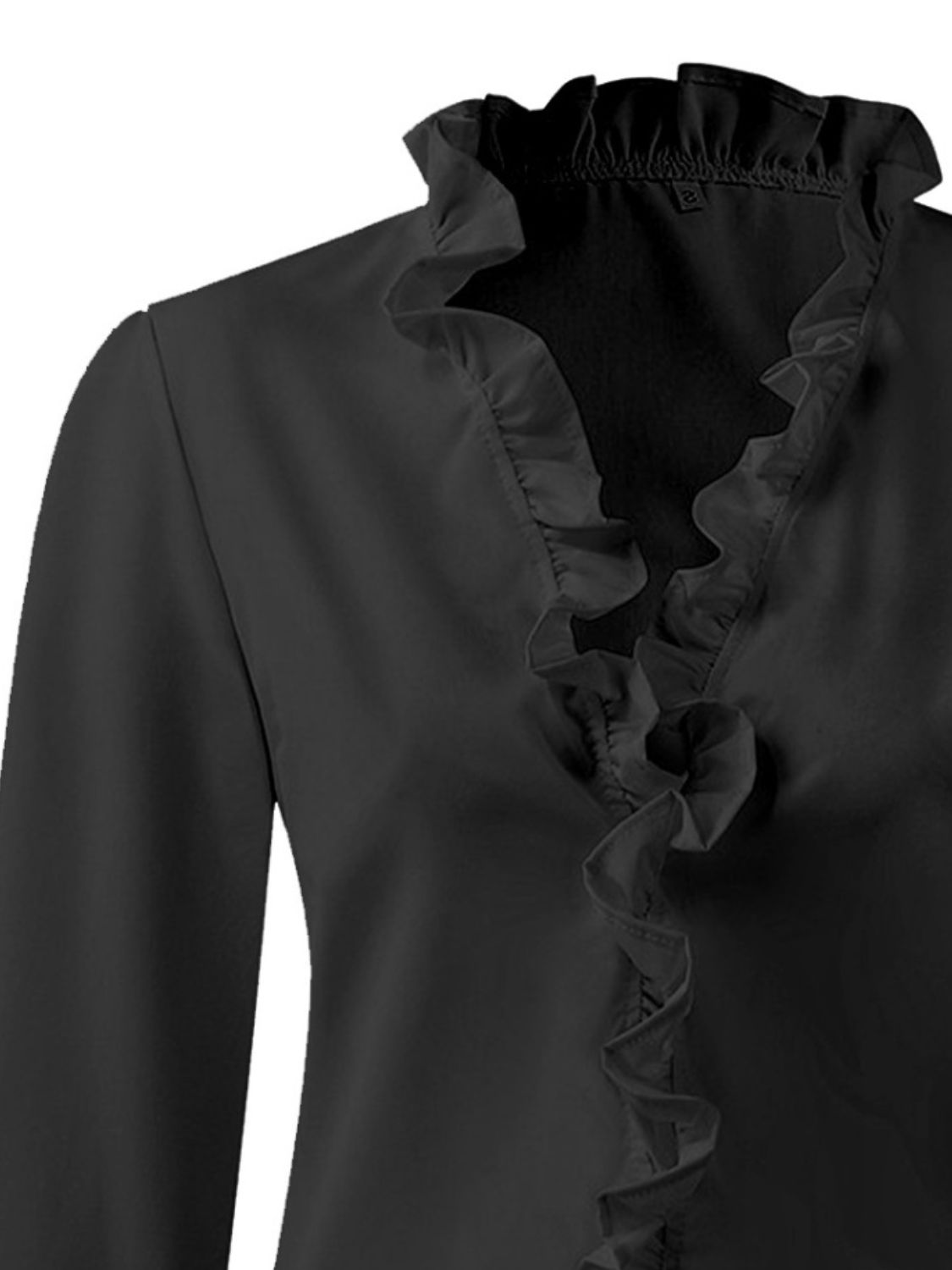 Long sleeve ruffled v-neck blouse by BELLA BLA with a full-size fit, featuring feminine ruffle details and a classic v-neck design.