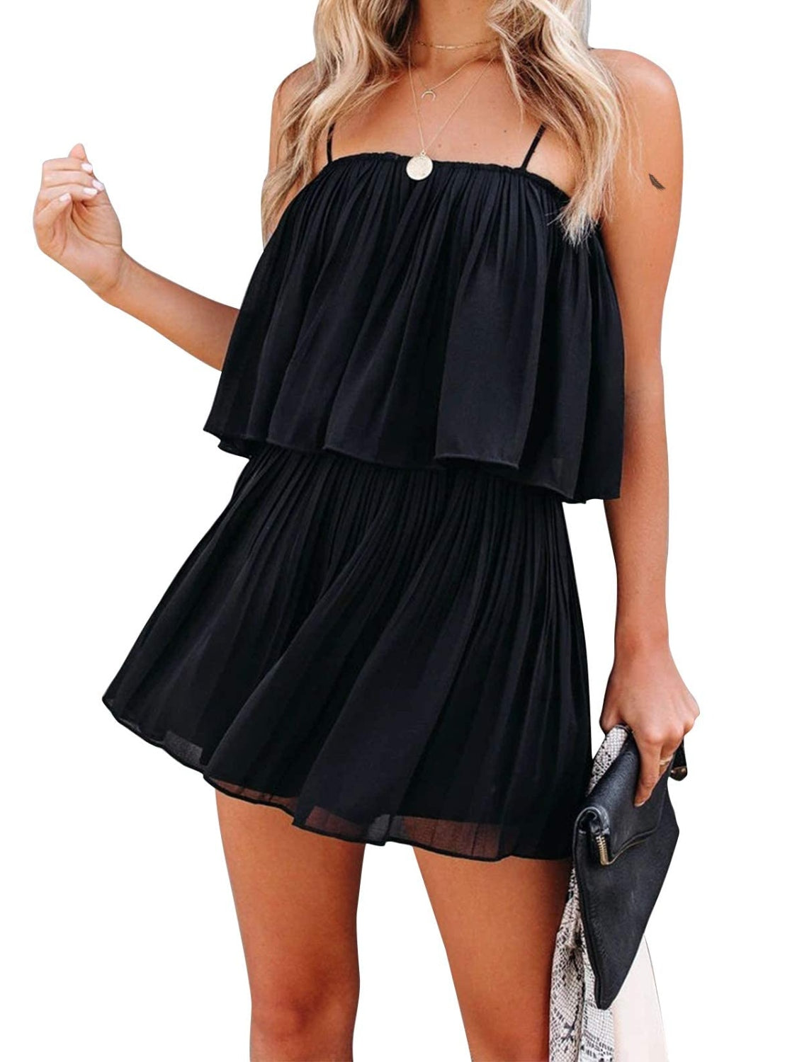 BELLA trendsi ruched spaghetti strap romper shown on a model, featuring a fitted bodice and stylish design.