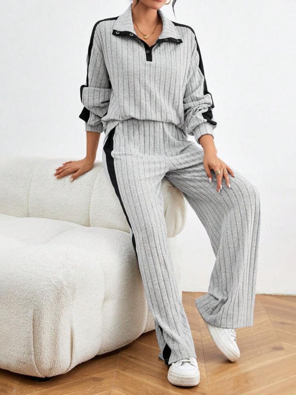 Bella BLA contrast collared neck long sleeve top and pants set, stylish and coordinated outfit with a modern design.