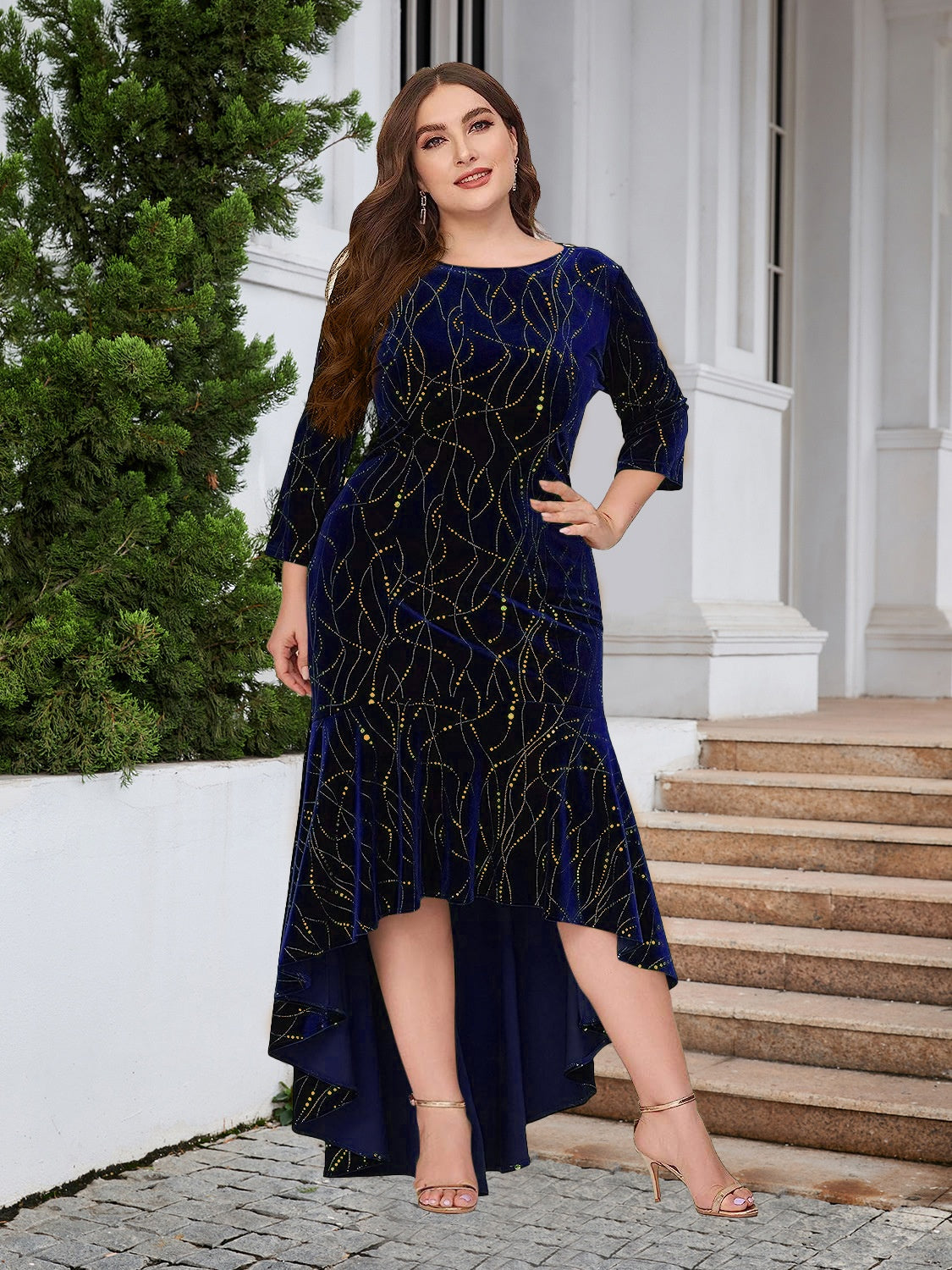 Plus size BELLA ruffle hem high-low dress with flowing fabric and stylish design, perfect for trendy occasions.
