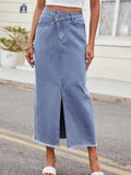 BELLA trendy asymmetrical waist denim skirt with a front slit, stylish and casual for everyday wear.