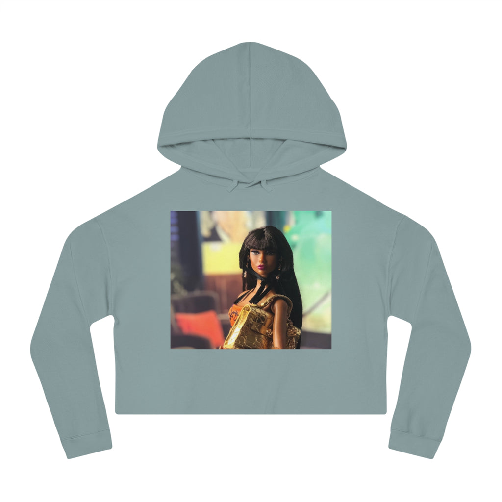 BELLA Pretty Doll World cropped hooded sweatshirt with colorful print, casual fit, and hood, ideal for trendy streetwear.