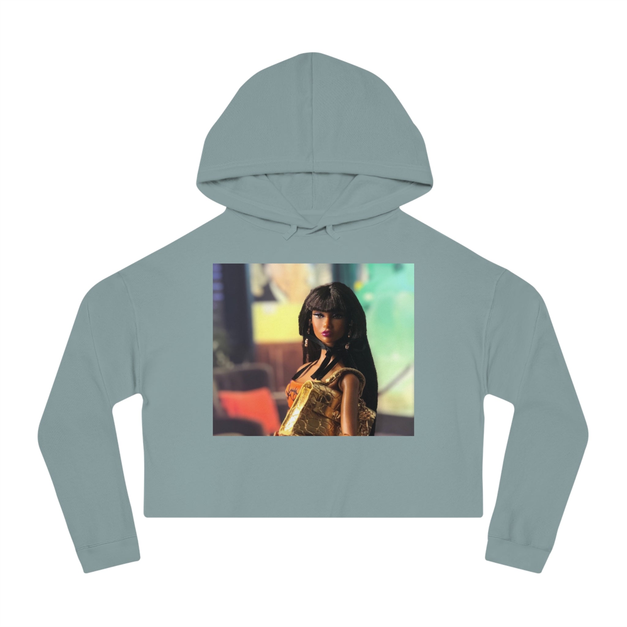 BELLA Pretty Doll World cropped hooded sweatshirt with colorful print, casual fit, and hood, ideal for trendy streetwear.