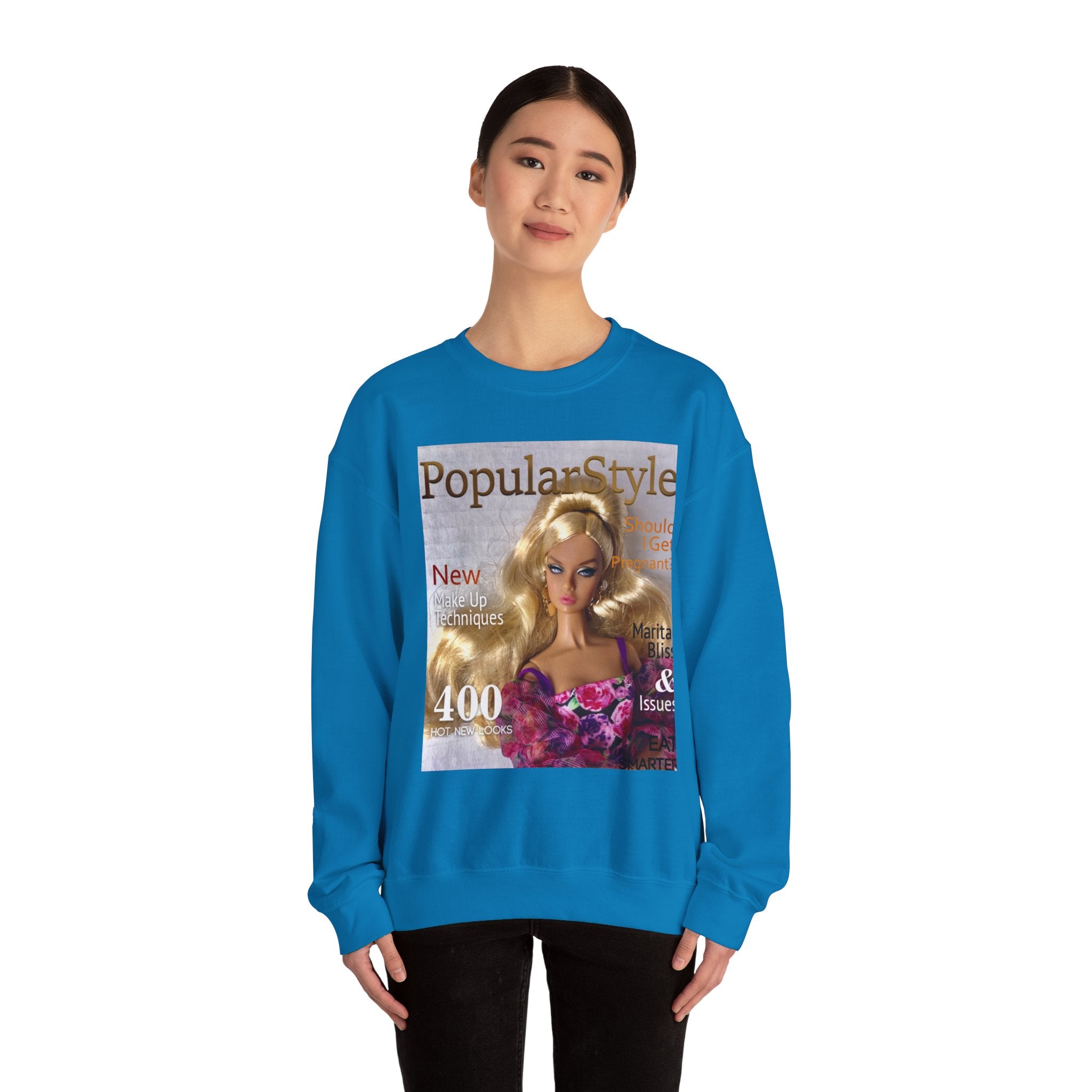 Printify graphic crewneck sweatshirt featuring stylish printed design, soft fabric, and comfortable fit on a model.