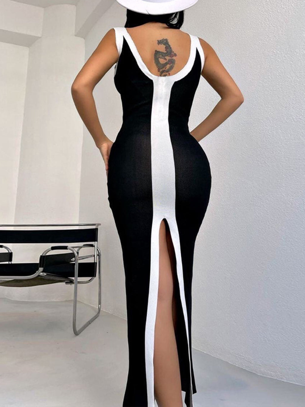 Bell BLA contrast wide strap slit midi dress featuring a sleek design and stylish side slit, perfect for elegant occasions.
