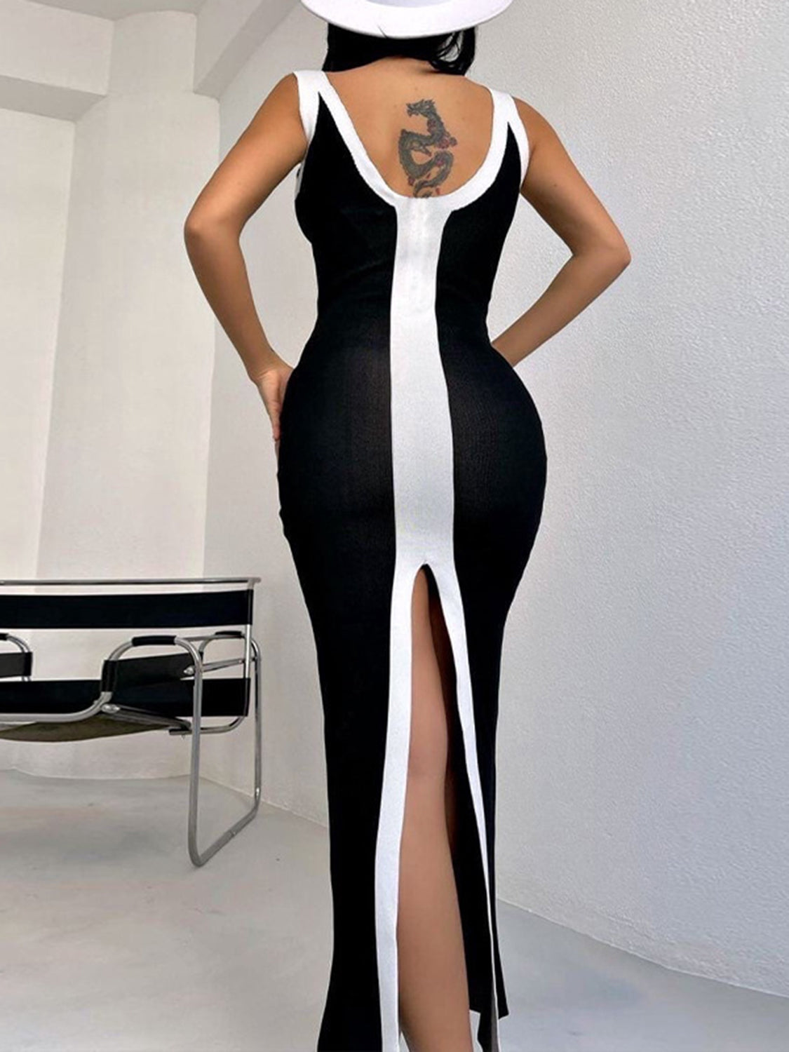 Bell BLA contrast wide strap slit midi dress featuring a sleek design and stylish side slit, perfect for elegant occasions.