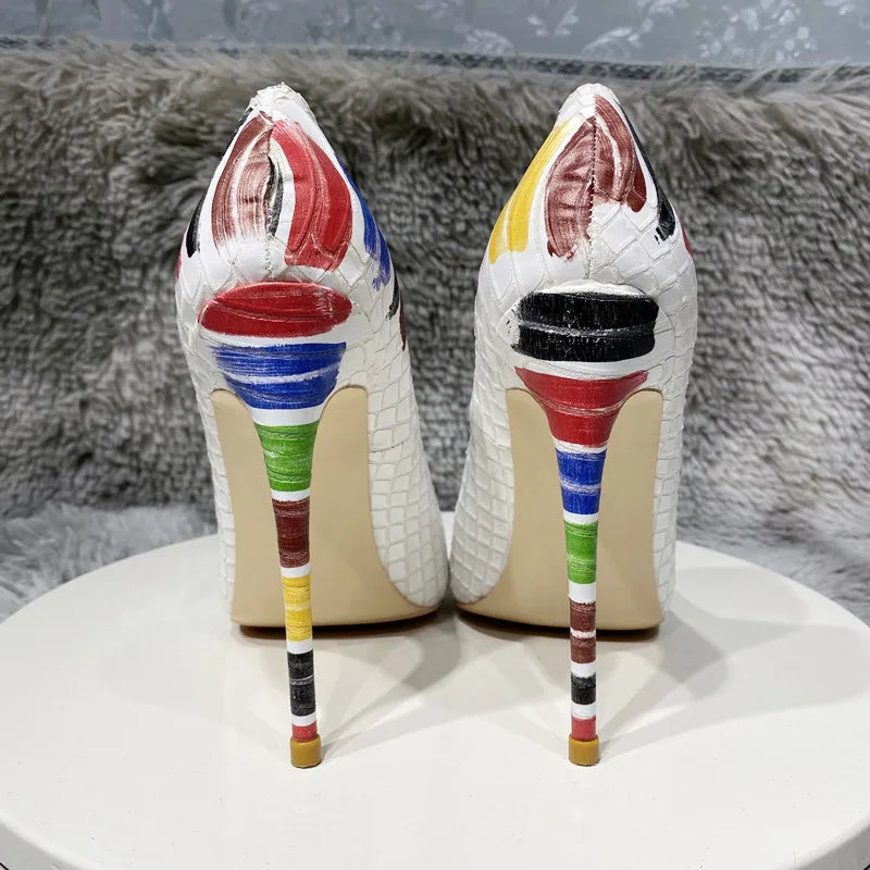 White Crocodile Effect Pointy Toe Heels