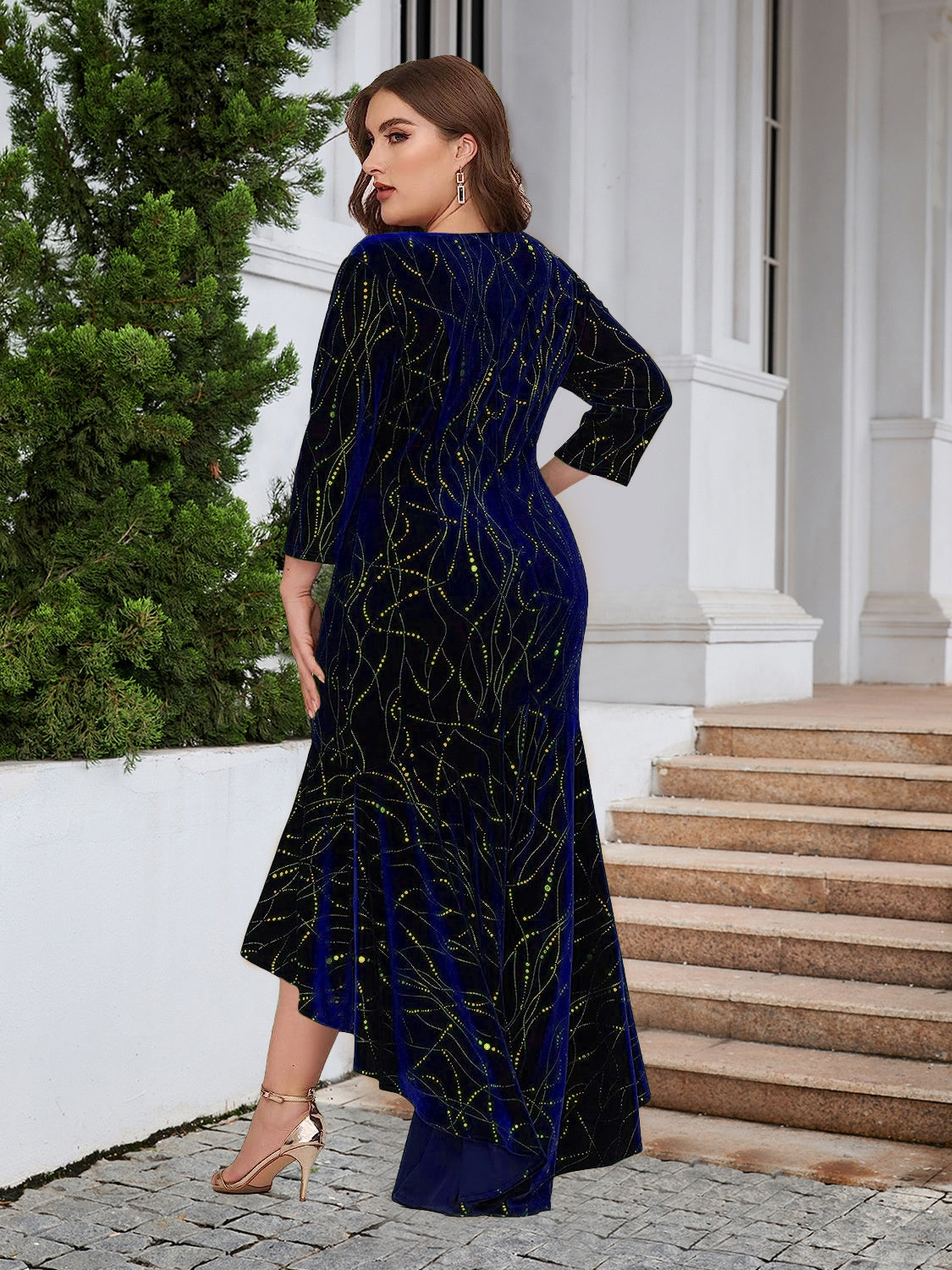 Plus size ruffle hem high-low dress by BELLA, featuring a flowing silhouette and feminine ruffle details in trendy style.