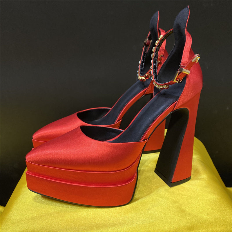 Silk Platform Rhinestone Chunky Heel