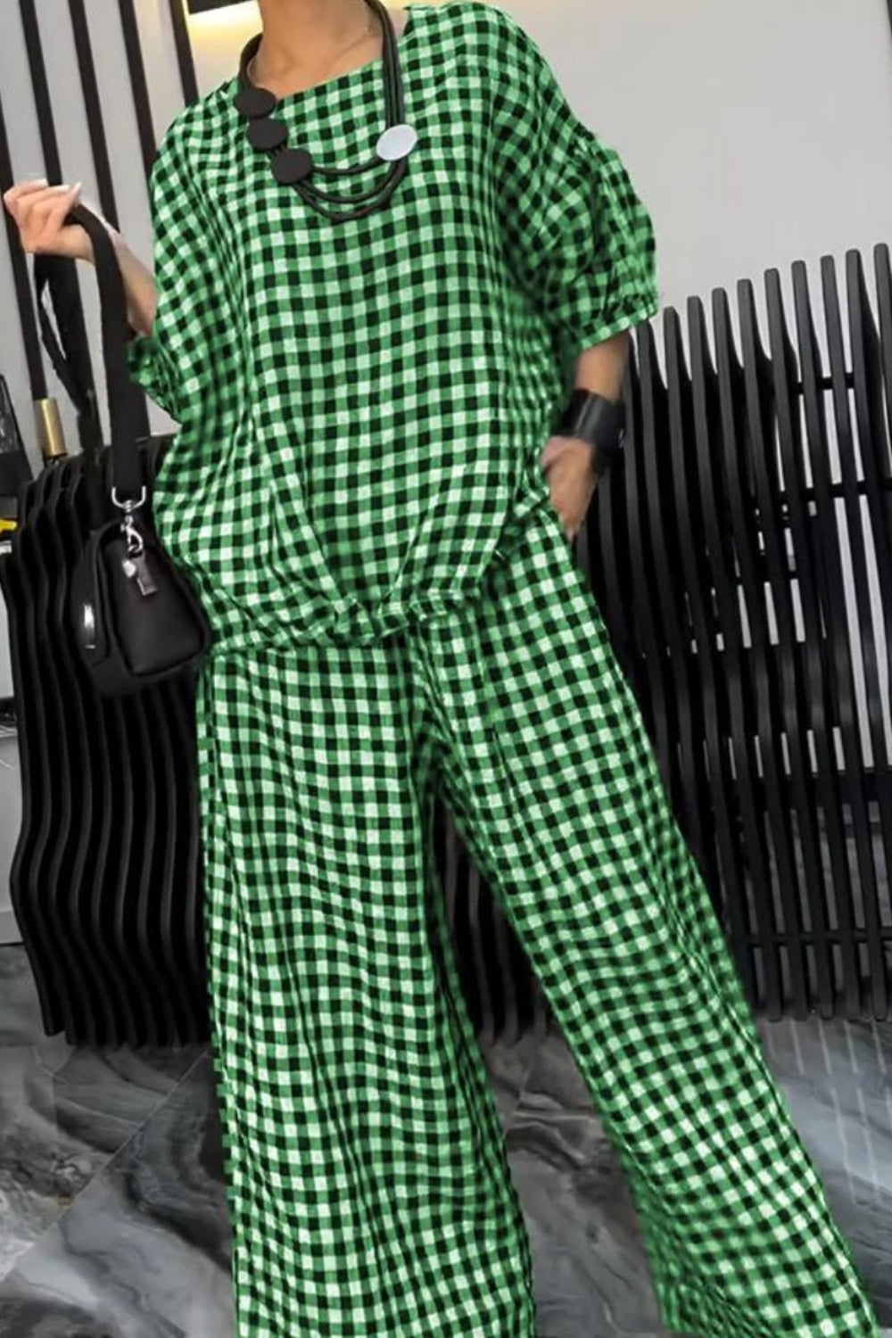 BELLA plaid round neck half sleeve top and matching pants set in stylish pattern, casual and comfortable outfit.