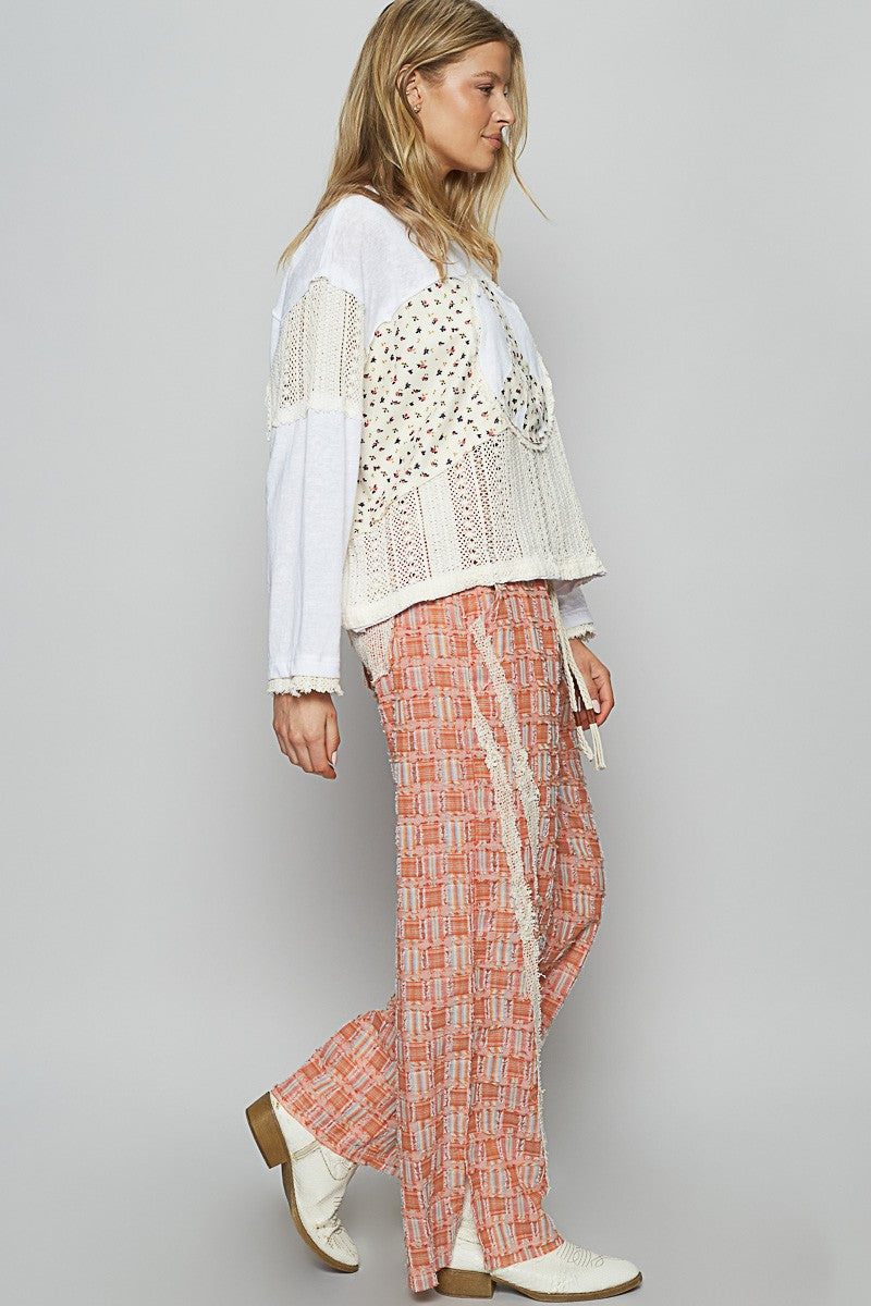 Lace Trim Drawstring Checkered Wide Leg Pants