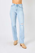 BELLA Judy Blue high waist distressed straight jeans for full-size women, showcasing a trendy fit with ripped details and classic denim.