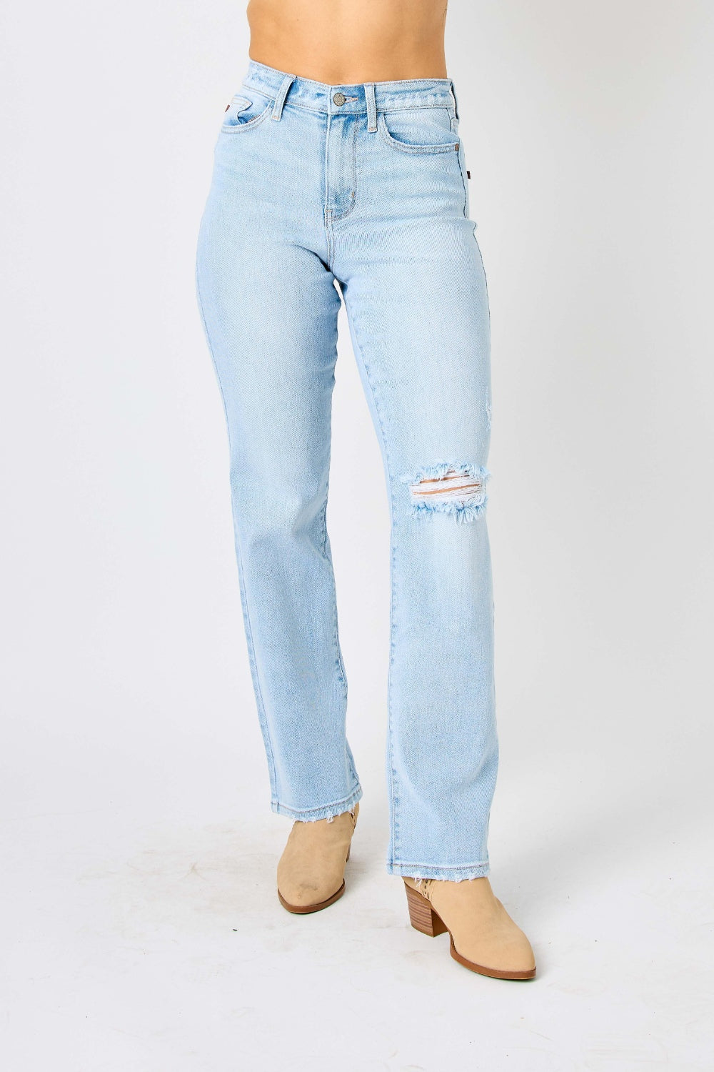 BELLA Judy Blue high waist distressed straight jeans for full-size women, showcasing a trendy fit with ripped details and classic denim.