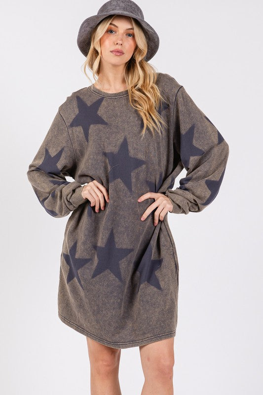 BELLA star print round neck dress from trendsi, featuring a playful star pattern and a classic round neckline, stylish and comfortable.