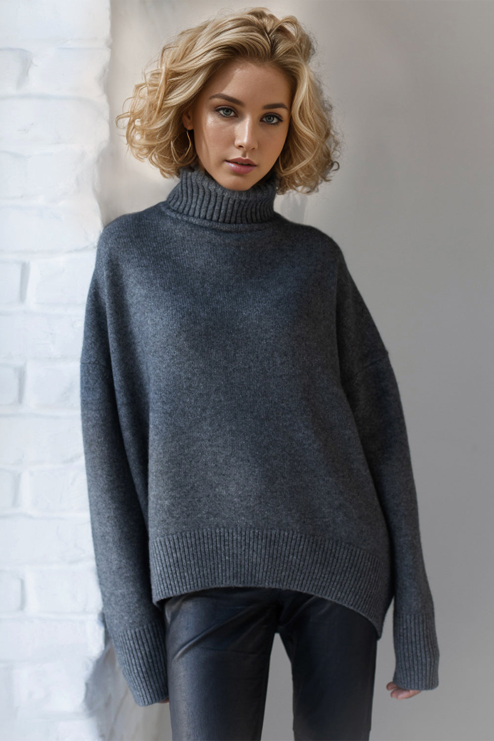 Bella BLA turtleneck dropped shoulder long sleeve sweater, soft knit with relaxed fit and ribbed cuffs, in a cozy fashion style.