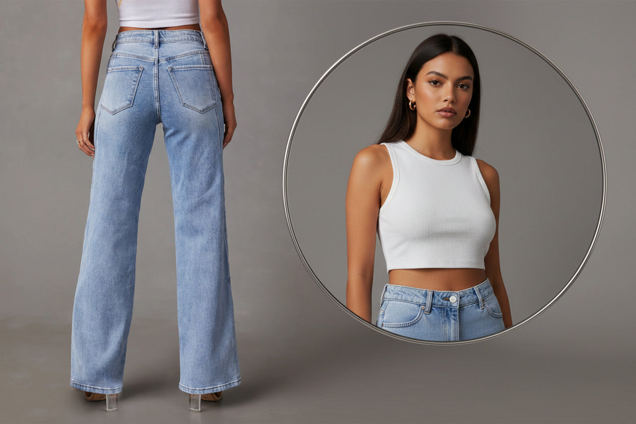 BELLA high waist straight jeans with front and back pockets, showcasing a classic denim style and fit.