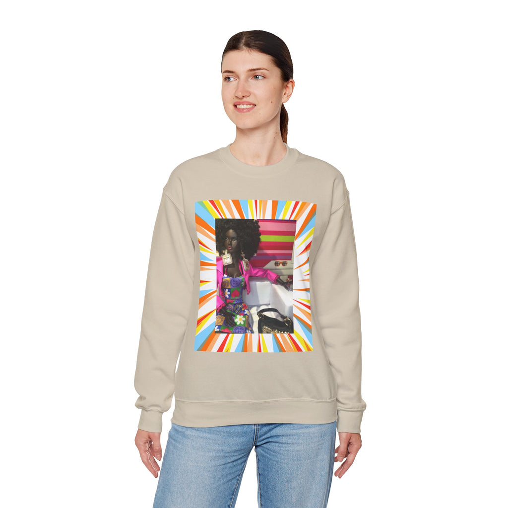 BELLA Printify PDW crewneck sweatshirt with a colorful graphic print, made of soft fabric, displayed on a hanger.