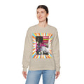 BELLA Printify PDW crewneck sweatshirt with a colorful graphic print, made of soft fabric, displayed on a hanger.