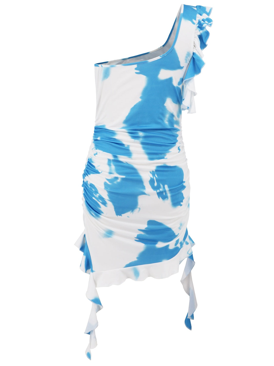 BELLA ruffled tie-dye single shoulder mini dress with asymmetrical hem and flowing fabric, perfect for casual summer wear.