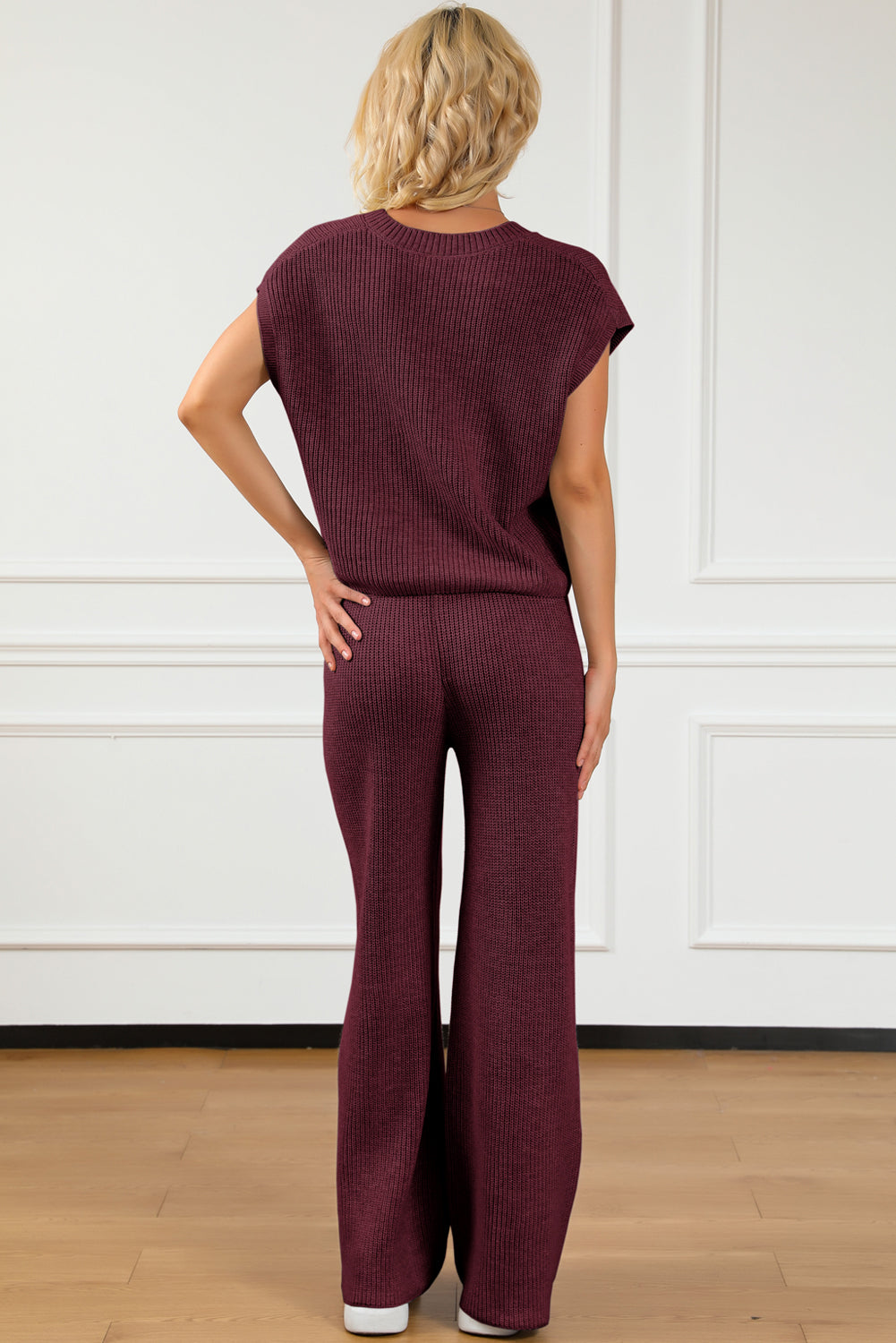 BELLA Pocketed V-Neck Top and Wide Leg Sweater Set from Trendsi, featuring a cozy knit fabric and stylish layered design.