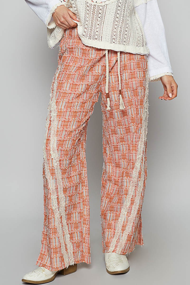 Lace Trim Drawstring Checkered Wide Leg Pants