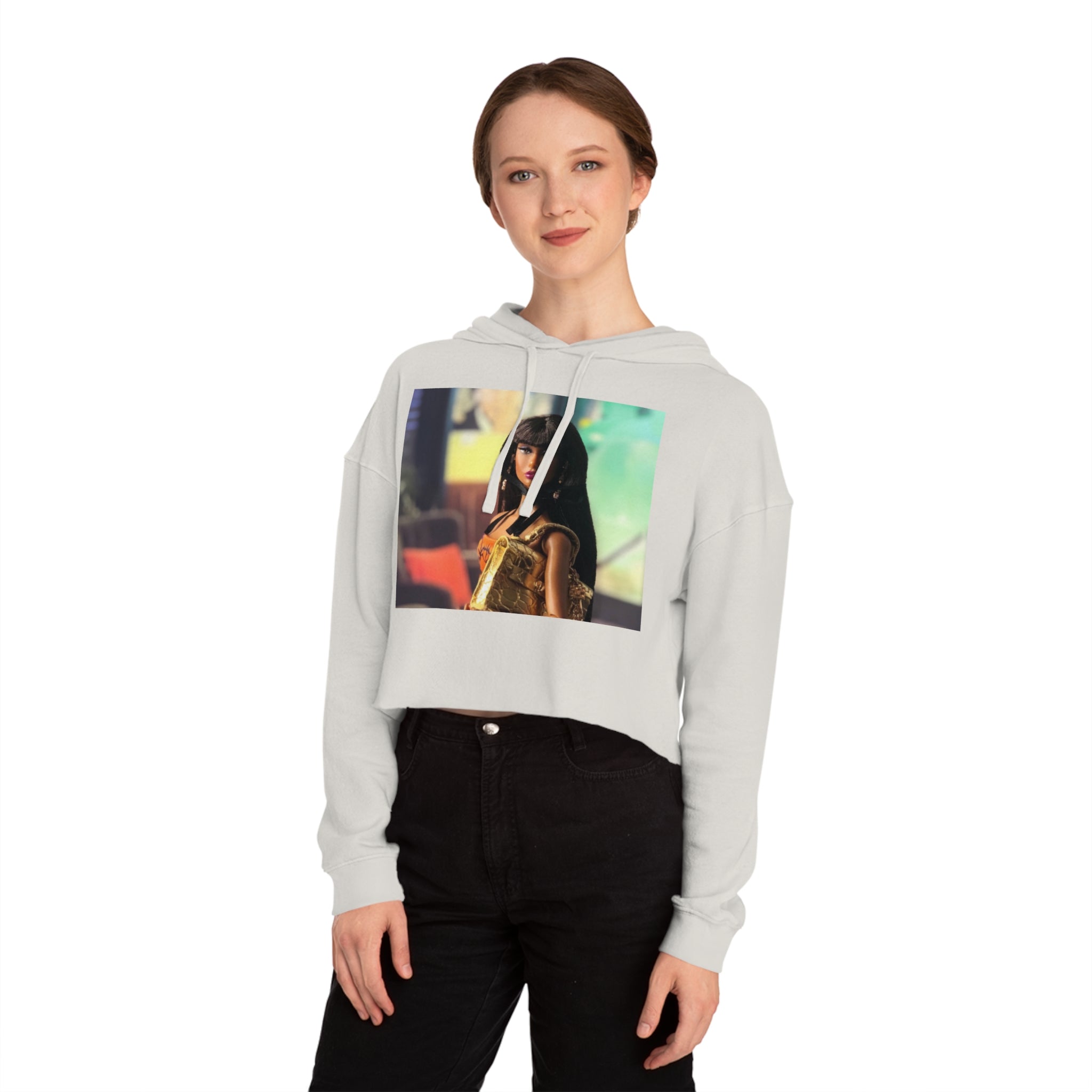 BELLA Pretty Doll World cropped hooded sweatshirt with colorful print, casual fit, and hood, designed for comfortable everyday wear.