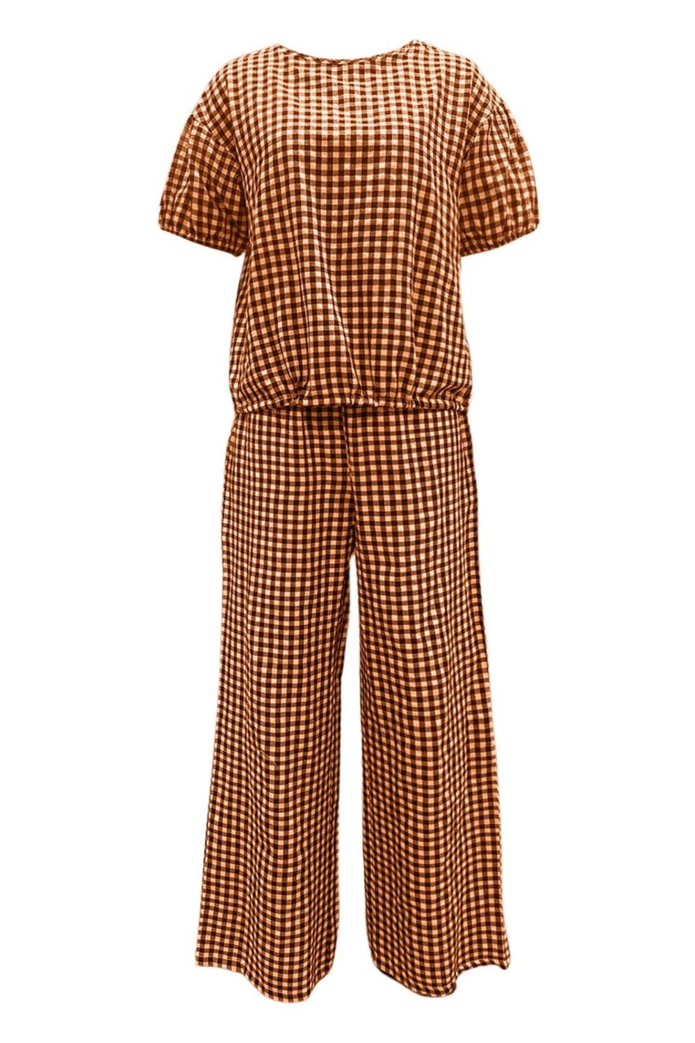 BELLA plaid round neck half sleeve top and pants set, stylish casual outfit with a red and black checkered pattern, comfortable fit.