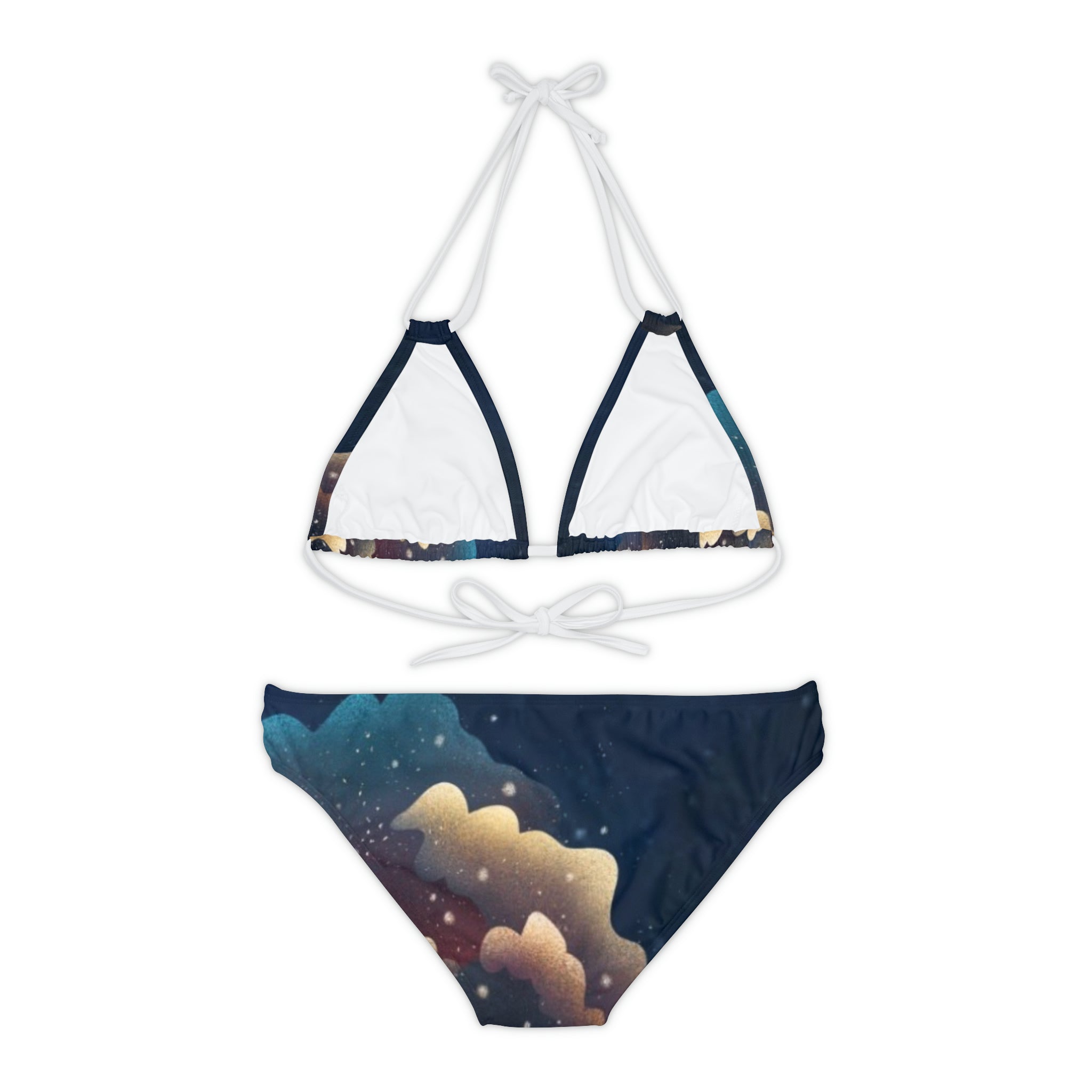 BELLA BLA Saturn strappy bikini set with colorful print, featuring a bikini top and bottom on a white background.