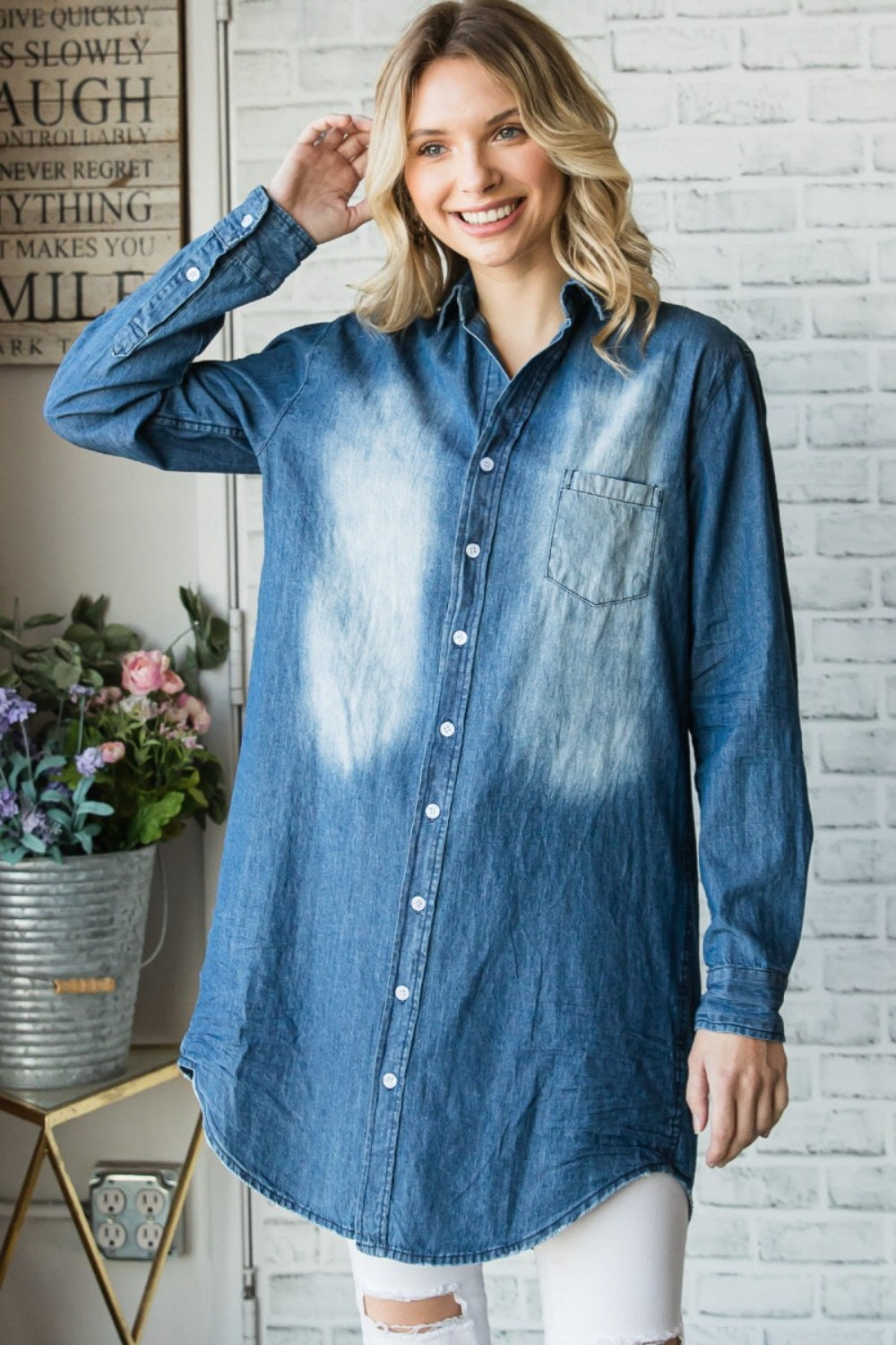 BELLA Veveret Pocketed Button-Up Washed Denim Shirt with front chest pocket, casual style, lightweight blue denim, trendy design