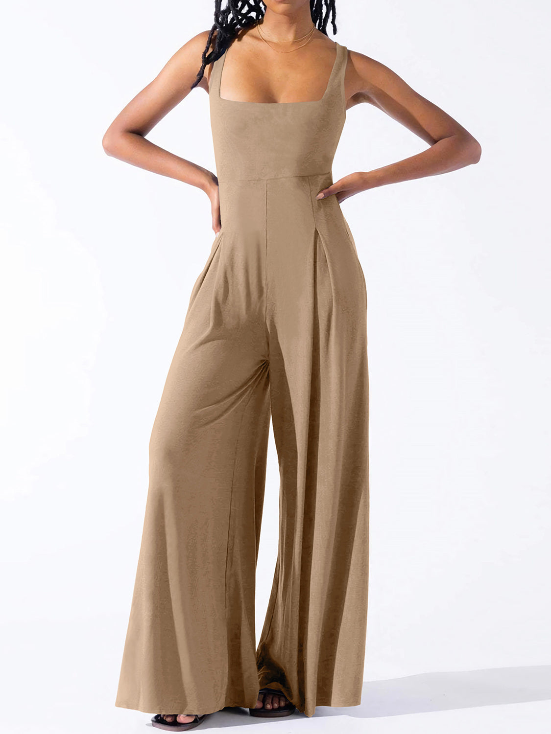 BELLA Square Neck Wide Strap Jumpsuit from trendsi, featuring a fitted waist and wide shoulder straps, in a stylish, modern design.