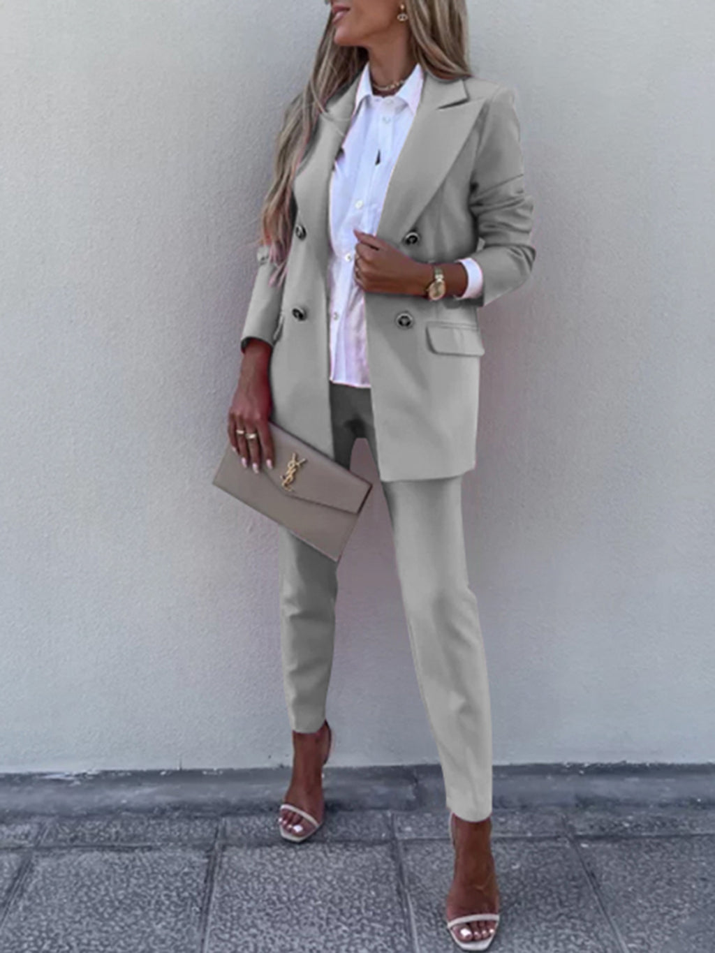 BELLA trendsi long sleeve blazer and pants set with lapel collar, tailored fit, stylish for professional or casual wear