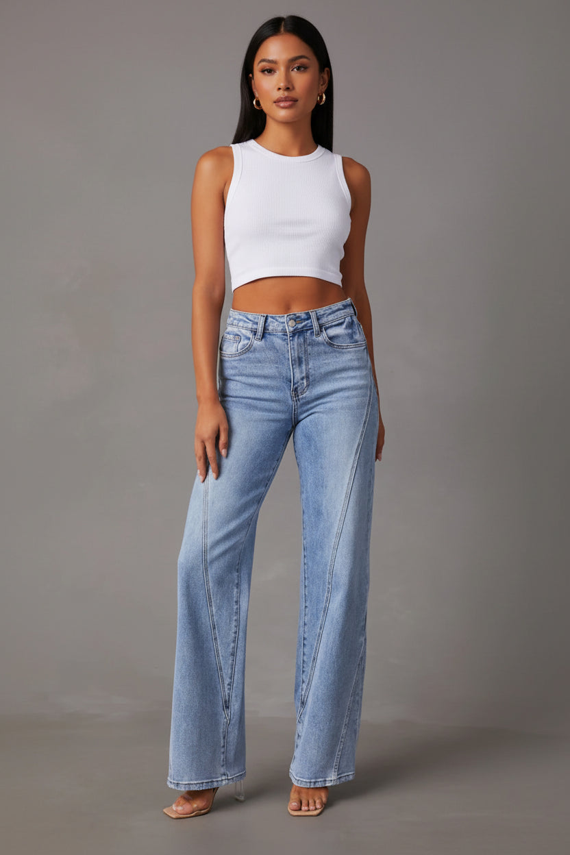 BELLA high waist straight jeans with front and back pockets, made from denim fabric, displayed on a neutral background.