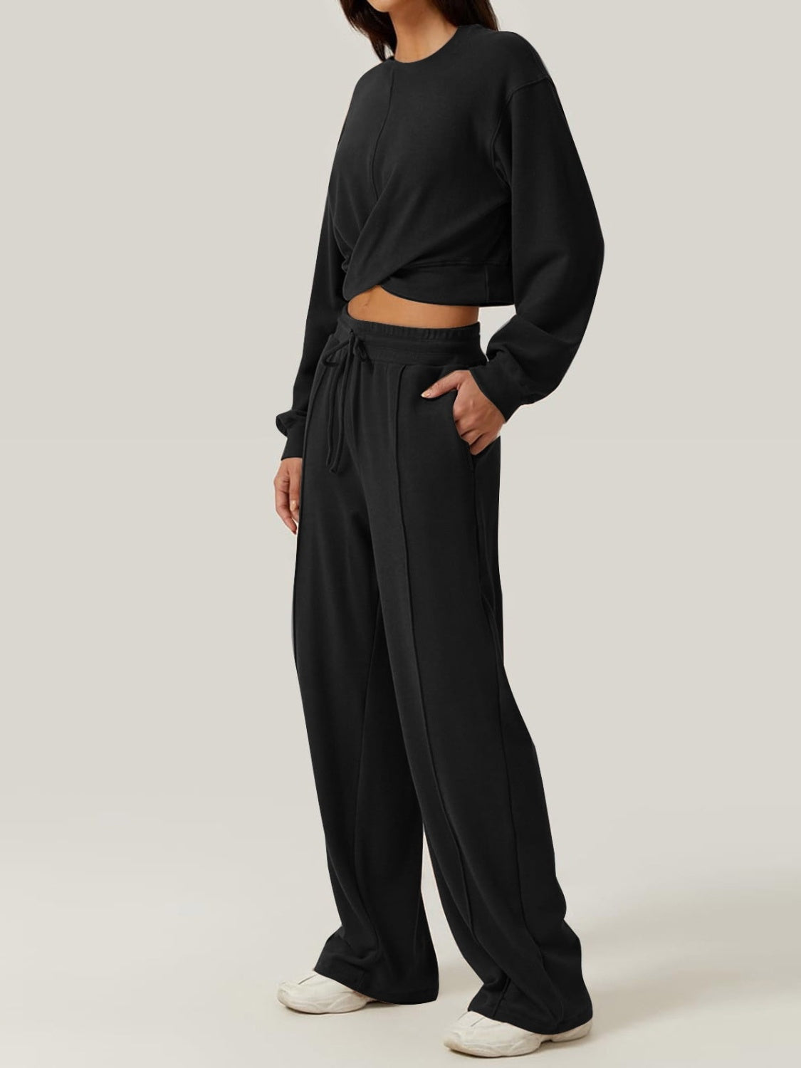 BELLA crisscross round neck top and drawstring pants set, trendy casual outfit, stylish and comfortable clothing ensemble.