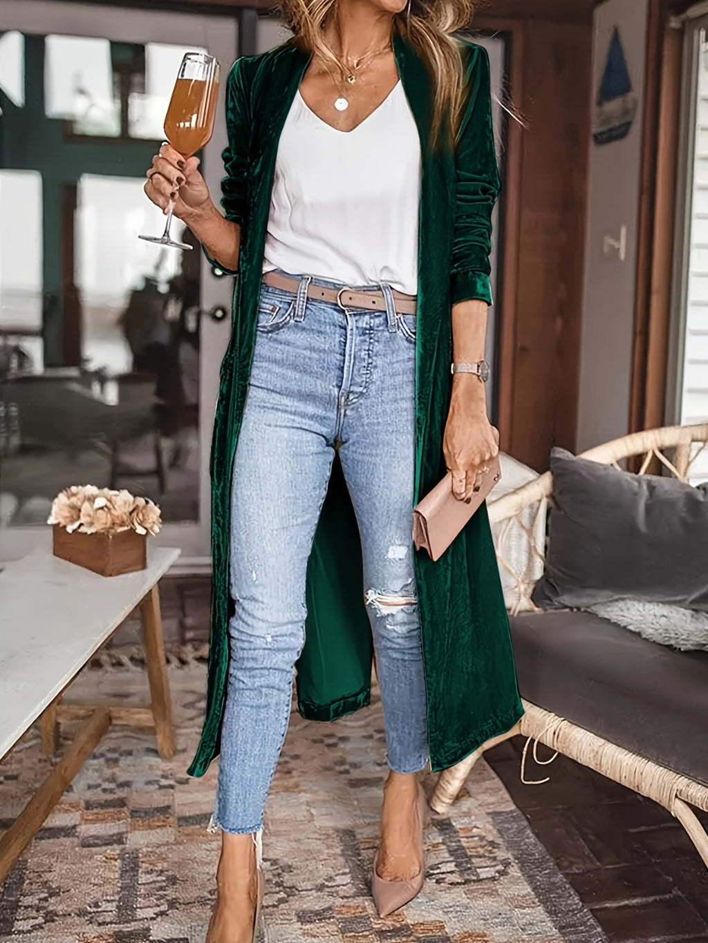 Open front long sleeve coat by BELLA BLA, featuring a stylish design with a relaxed fit and long sleeves, shown in the image.