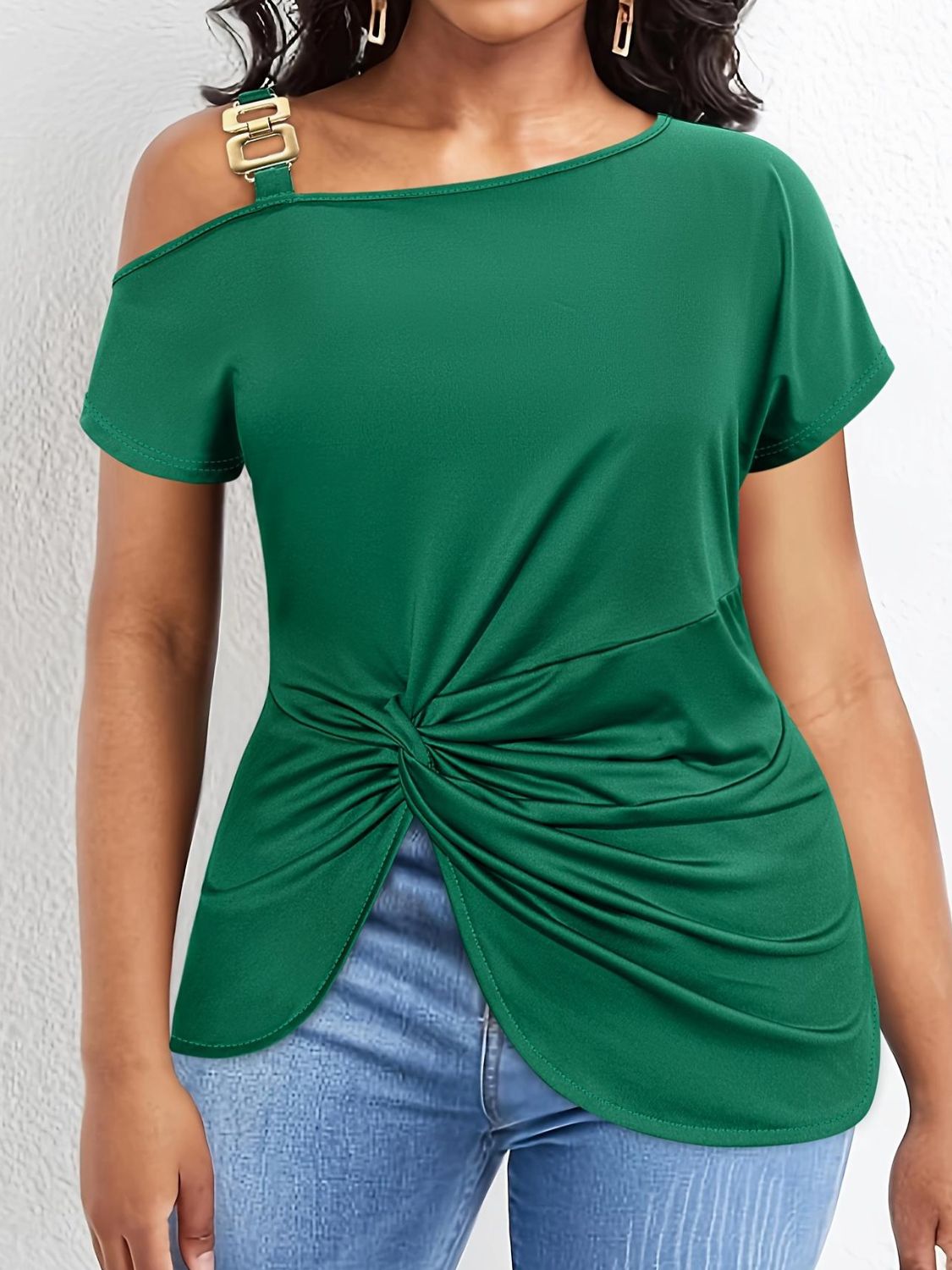 Plus size BELLA twisted asymmetrical neck short sleeve T-shirt with a trendy design, shown in a stylish fashion image.