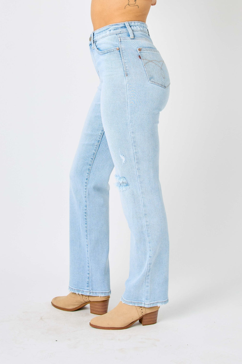 Bella Judy Blue high waist distressed straight jeans, full size, with ripped details and classic fit, shown on a model.