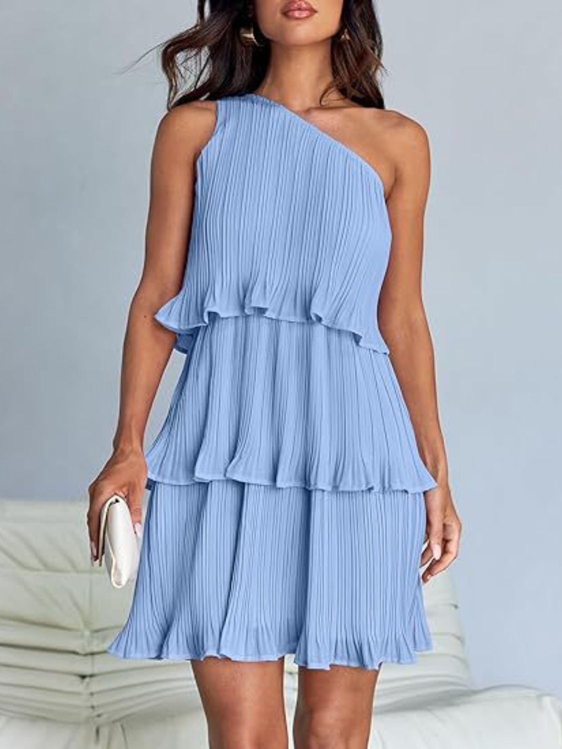BELLA layered single shoulder mini dress from trendsi, featuring a stylish design with a single shoulder and layered detail.