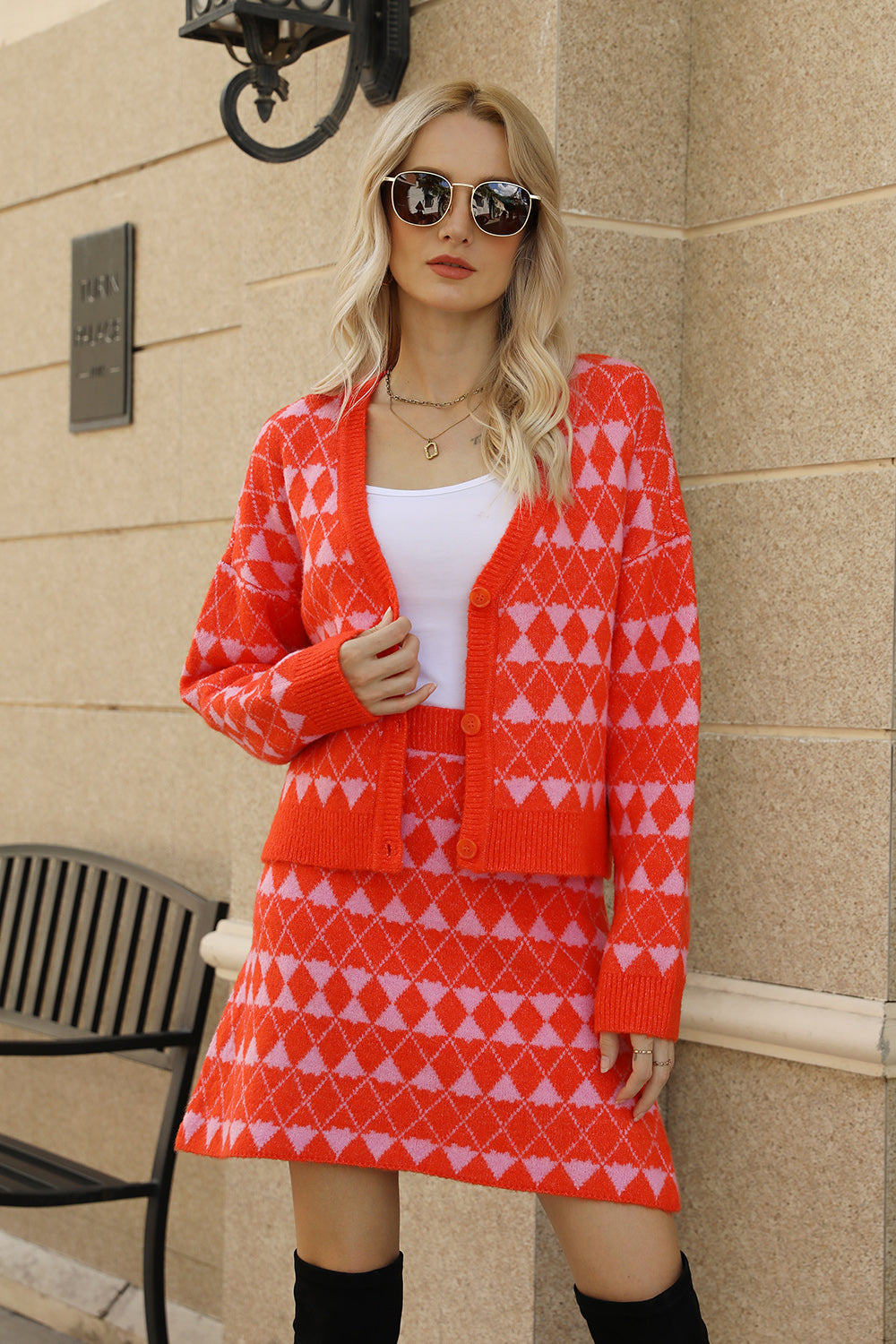 BELLA Geometric button-front cardigan and matching skirt set with bold patterns and stylish design, perfect for a trendy look.