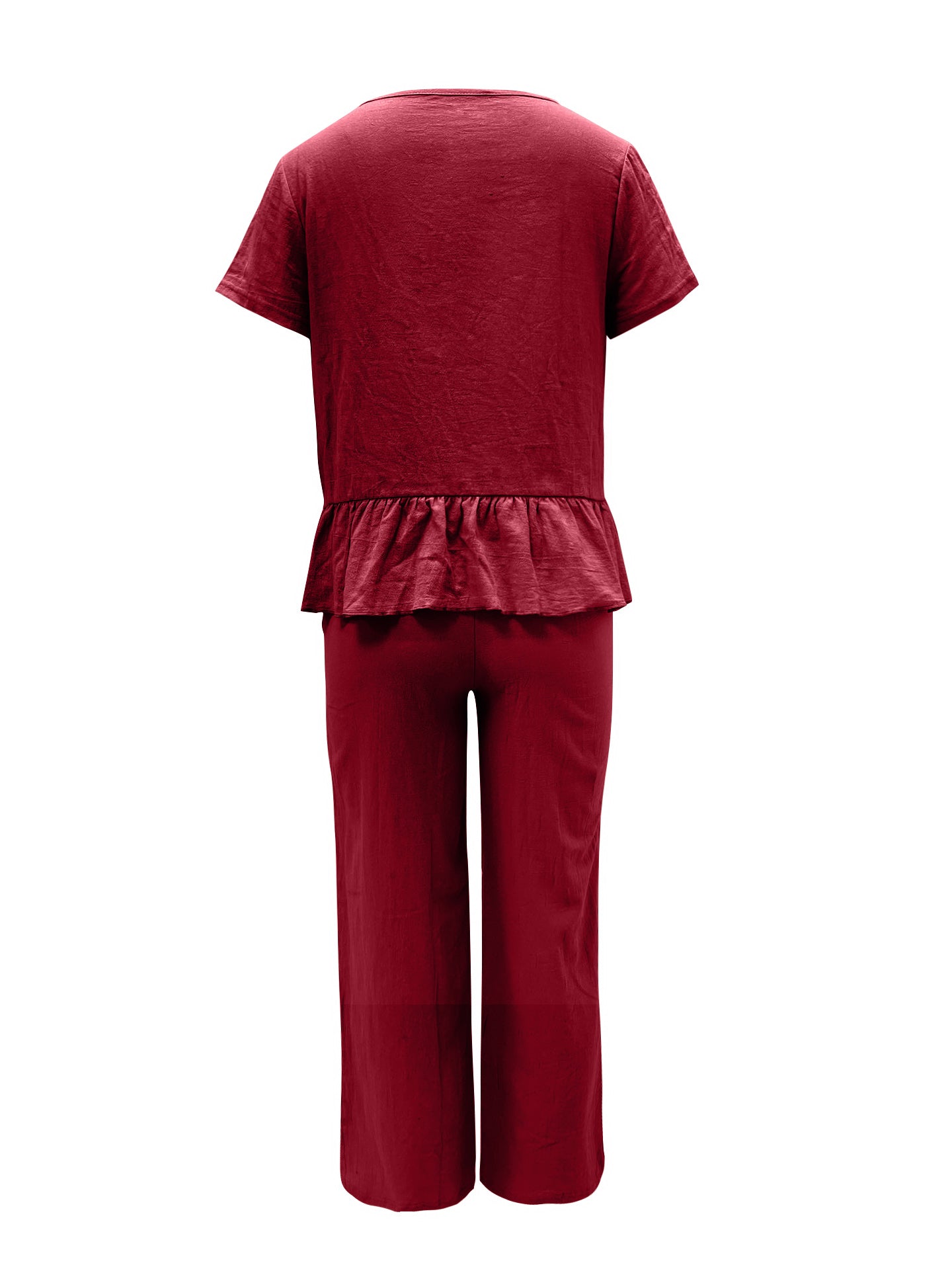 BELLA trendsi peplum round neck short sleeve top and matching pants set, stylish and comfortable outfit for casual wear.