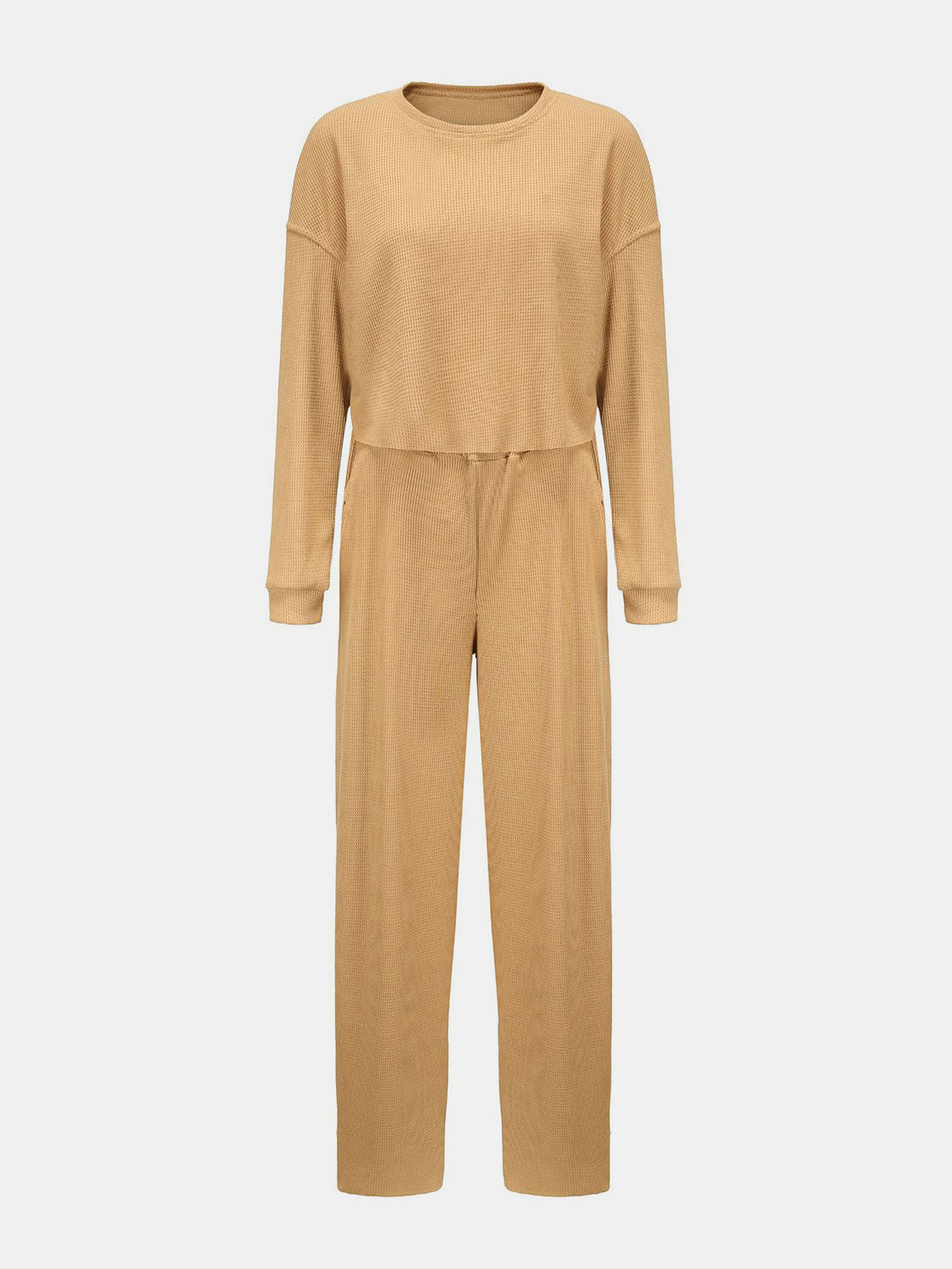 BELLA Waffle-Knit round neck top and matching pants set in a cozy, textured fabric, stylish loungewear for casual wear.