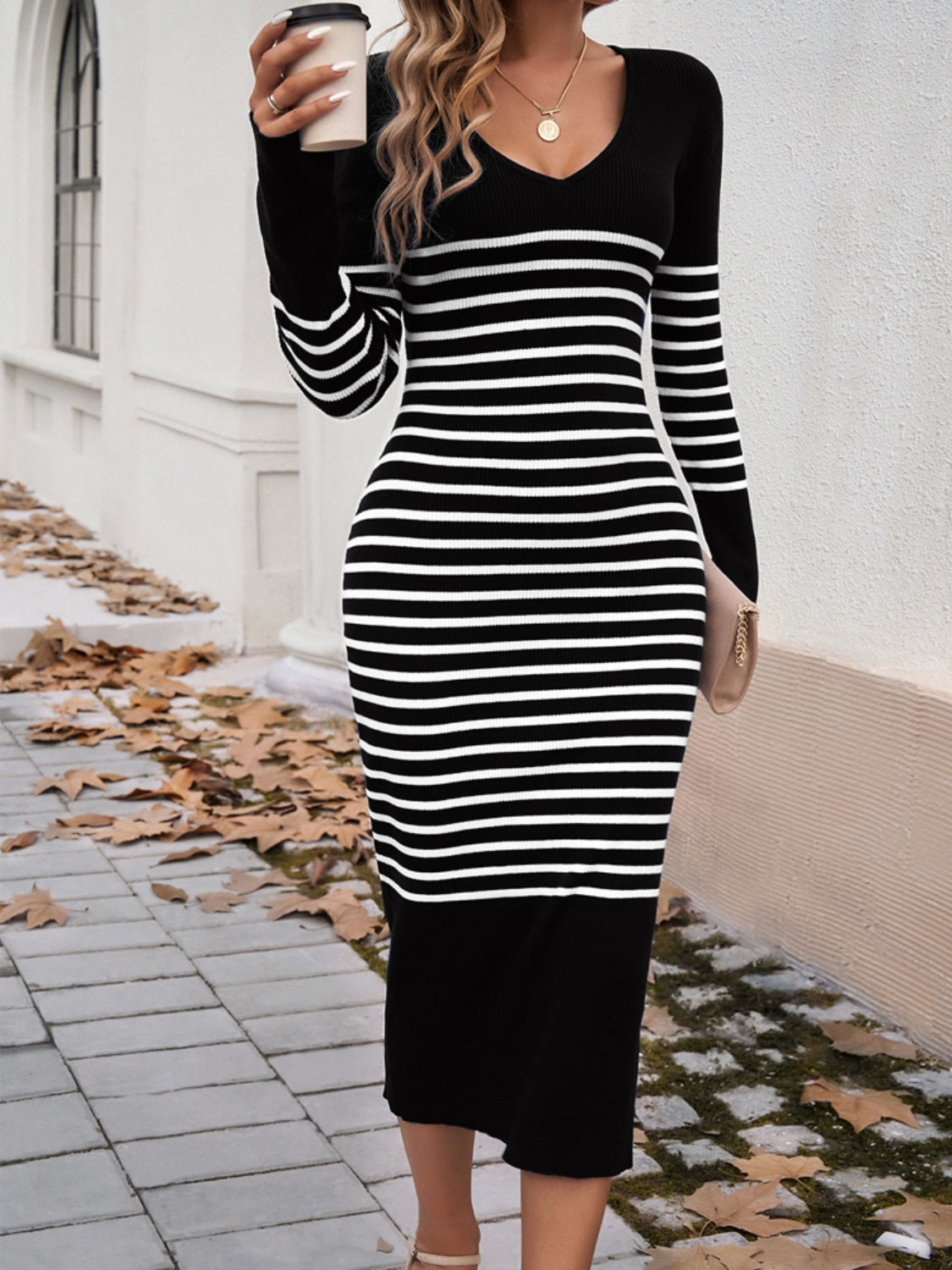 BELLA Devine striped V-neck long sleeve sweater dress with a fitted silhouette and casual style, perfect for fall and winter wear.