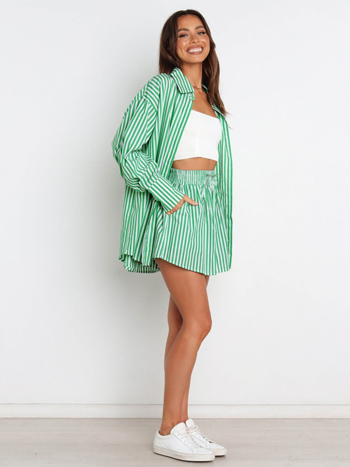 BELLA striped dropped shoulder shirt and matching shorts set, casual summer outfit with blue and white vertical stripes.