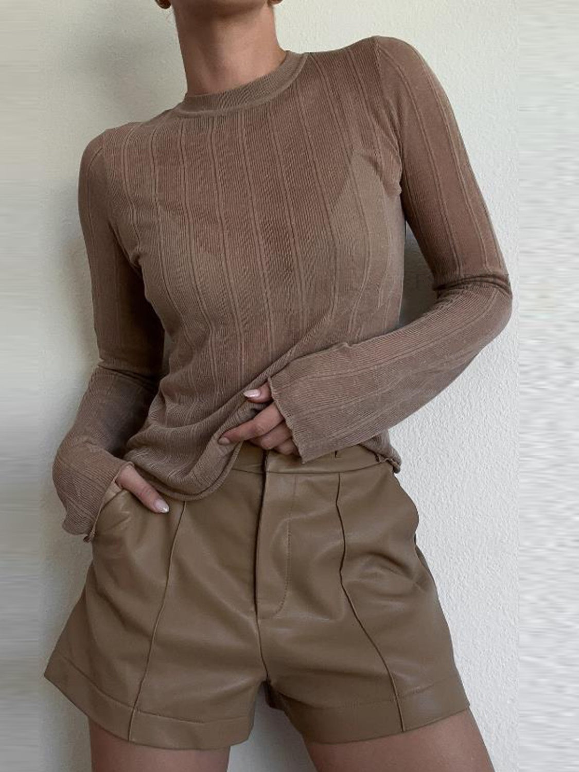 BELLA Trendsi round neck long sleeve top in a cozy fabric, featuring a classic fit and versatile style, shown in a neutral color.