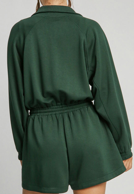 BELLA Trendsi drawstring half zip long sleeve romper with a relaxed fit and casual style, featuring a hood and front pocket detail.