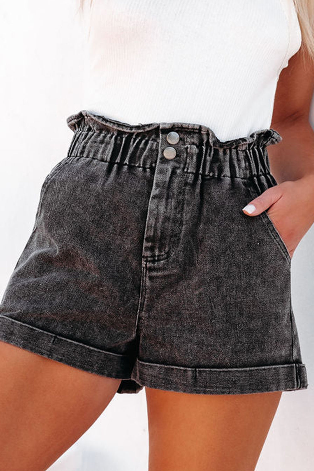 BELLA Paperbag Waist Denim Shorts with Pockets, casual blue denim with a high waist and fitted design, displayed on a model.